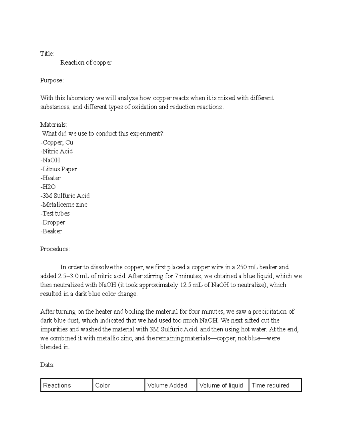 Lab report 3 - Title: Reaction of copper Purpose: With this laboratory ...