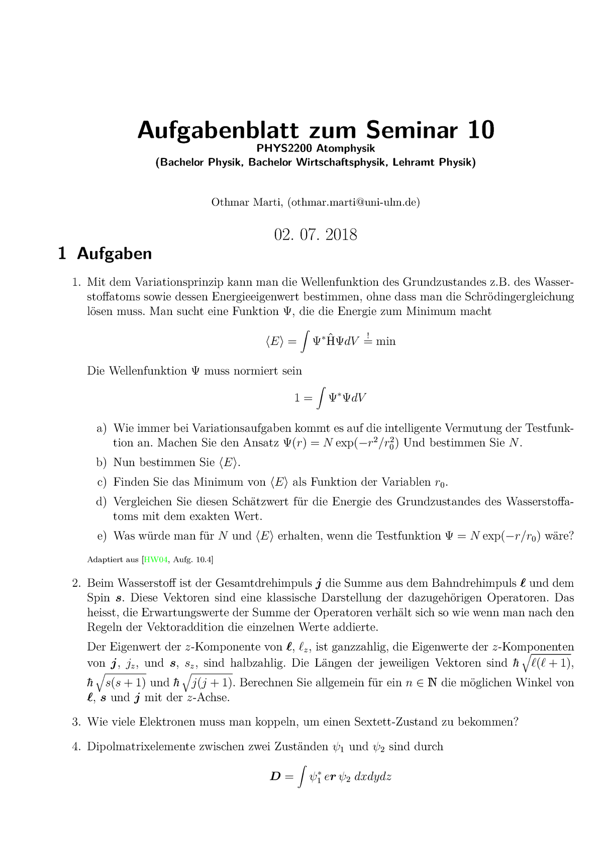 Aufgabenblatt 10 Zu Den Seminaren Vom 02. 07. 2018 Mit L”sungen ...