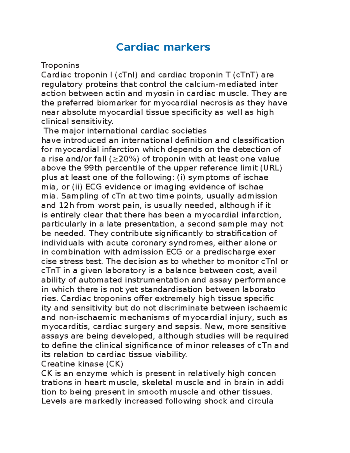 Cardiac markers - Cardiac markers Troponins Cardiac troponin I (cTnI ...