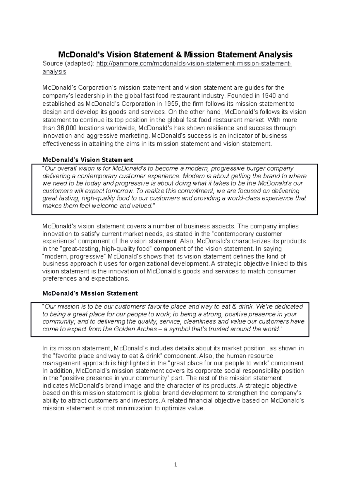 Mc Donalds Strategic Analysis McDonald’s Vision Statement & Mission