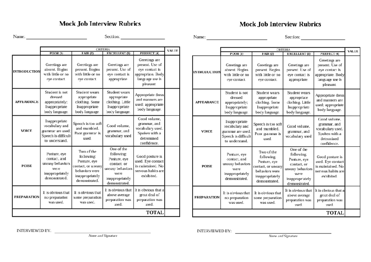 Mock-Interview-Sheet - Mock Job Interview Rubrics Mock Job Interview ...