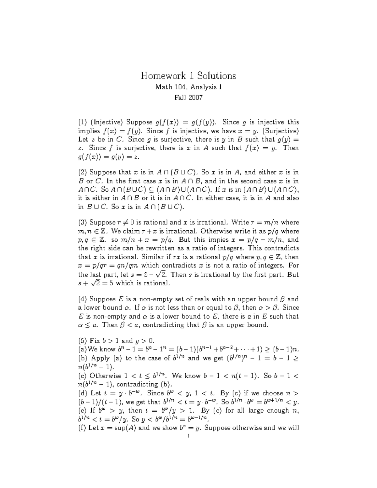 Solutions 1 - Homework 1 Solutions Math 104, Analysis I Fall 2007 (1 ...