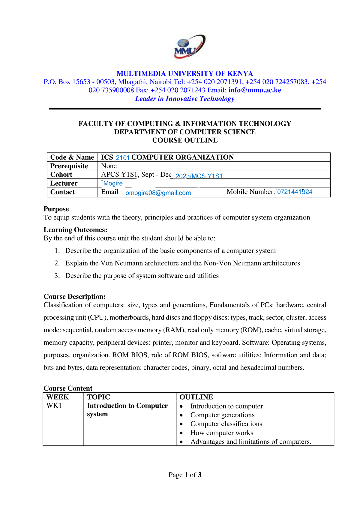 Course Outline Computer Organization - Page 1 of 3 MULTIMEDIA ...