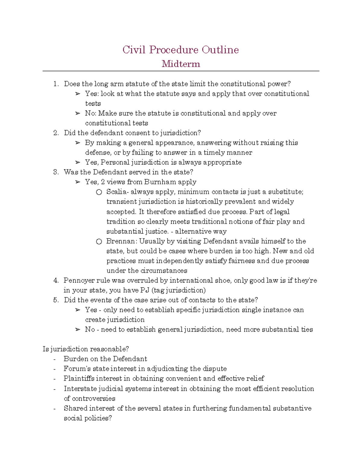 Civ Pro Outline - Lecture Notes - Civil Procedure Outline Midterm 1 ...