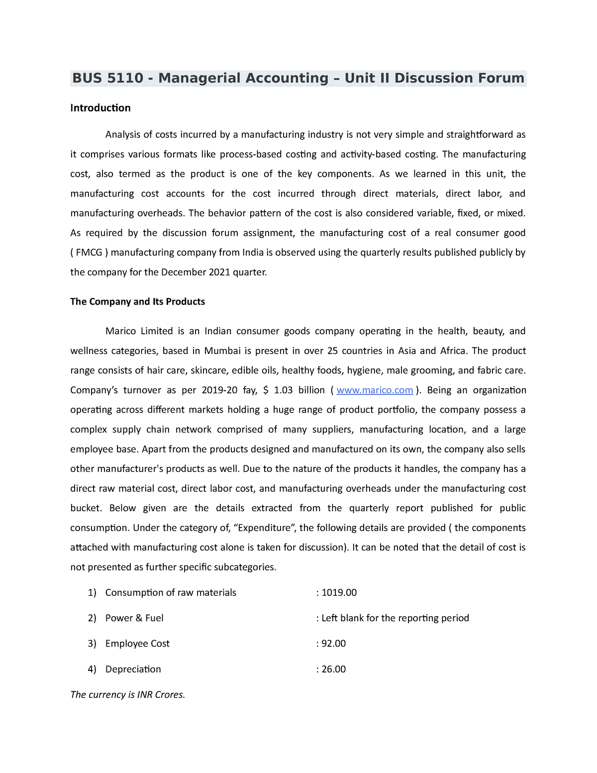 BUS 5110 - Managerial Accounting Unit II Dscn Forum - BUS 5110 ...