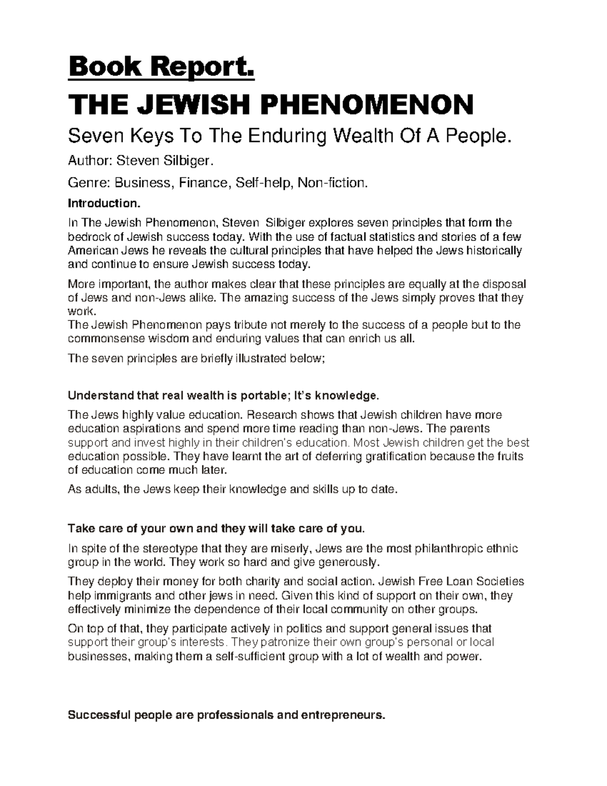 Jewish Phenomenon Book Report - Book Report. THE JEWISH PHENOMENON ...
