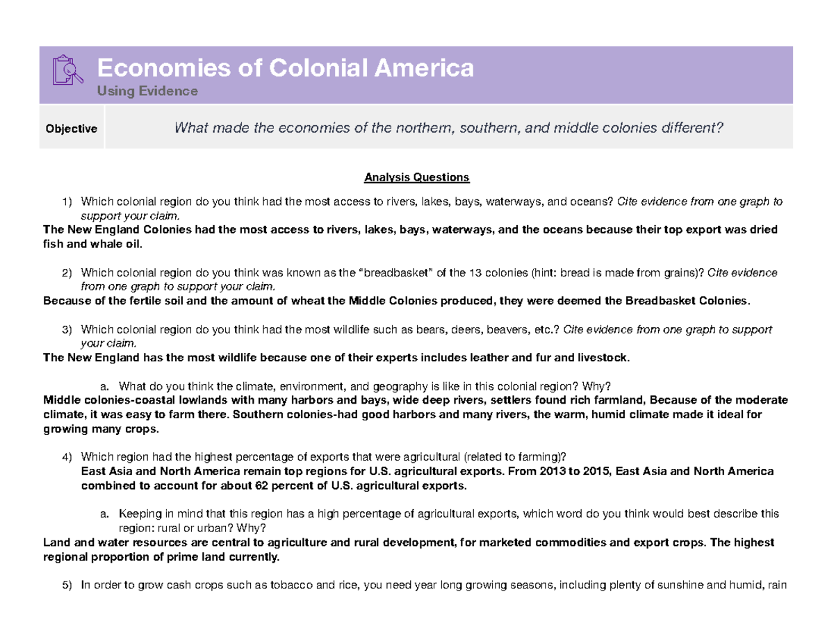 English) AnalysisEconomies Of Colonies Economies of Colonial America