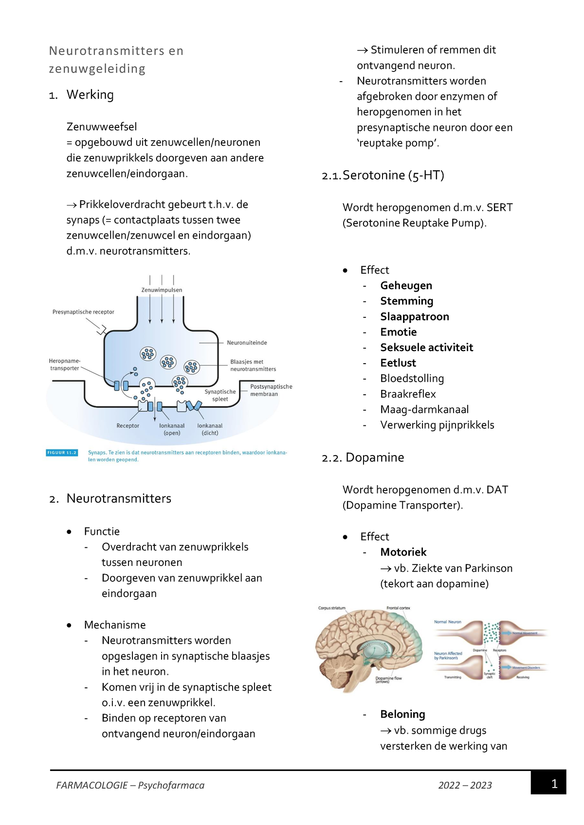 Samenvatting Farmacologie - Psychofarmaca - Neurotransmitters En ...