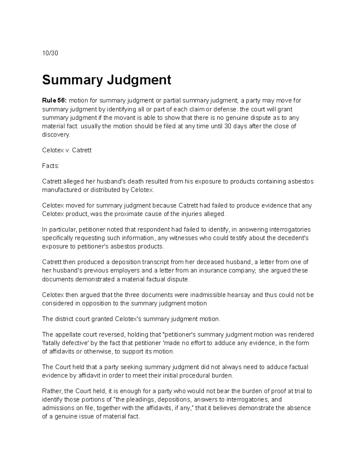 10 30 Summary Judgment - 10/ Summary Judgment Rule 56: Motion For ...