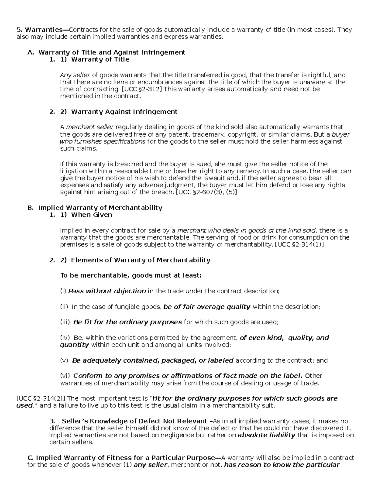 Extra sales outline Warranties—Contracts for the sale of goods