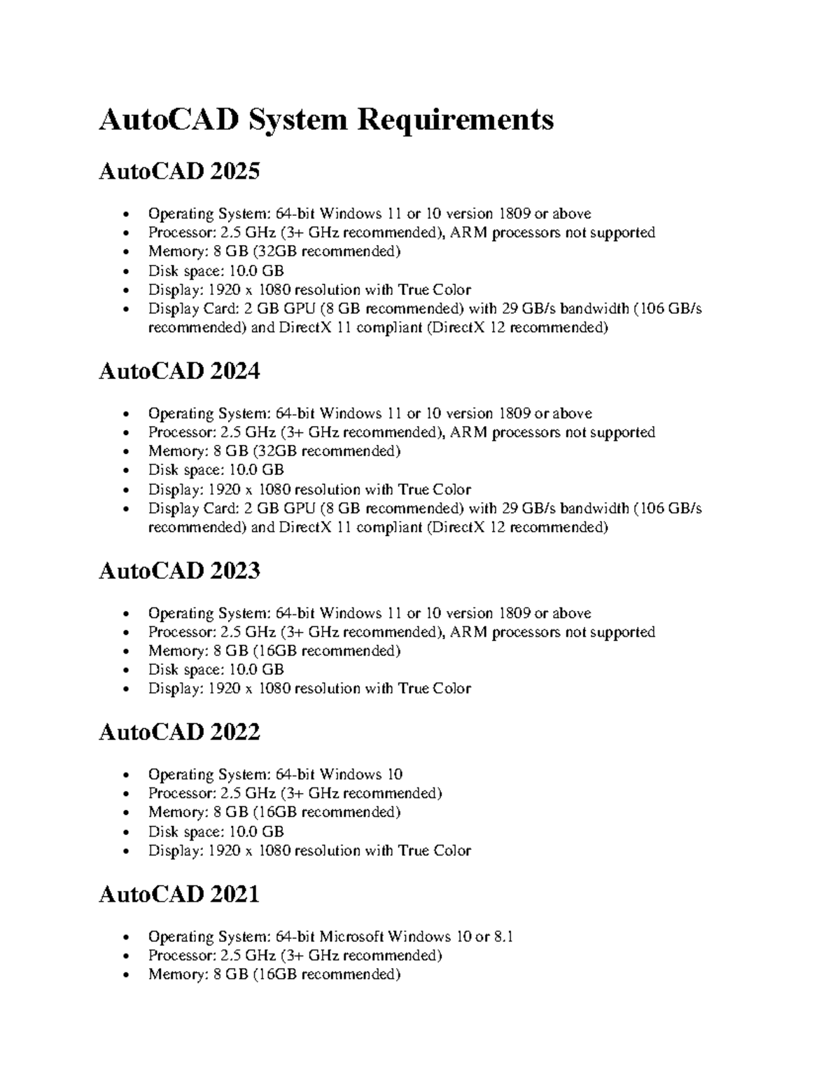 AutocadAutodesk 20192024 Installation requirnments AutoCAD System