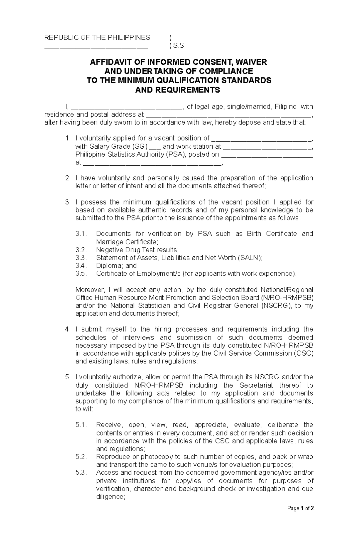 Affidavit Of Undertaking For Compliance 1173