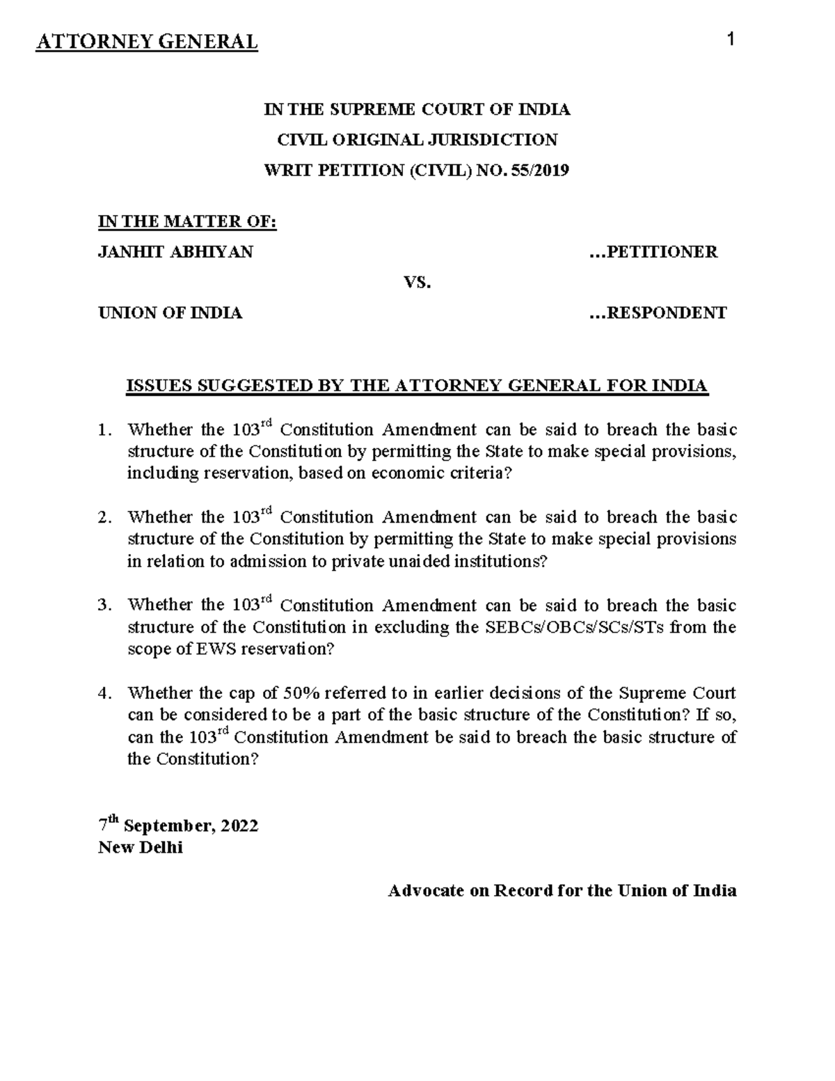 EWS Issues Combined - Moot Help - IN THE SUPREME COURT OF INDIA CIVIL ...