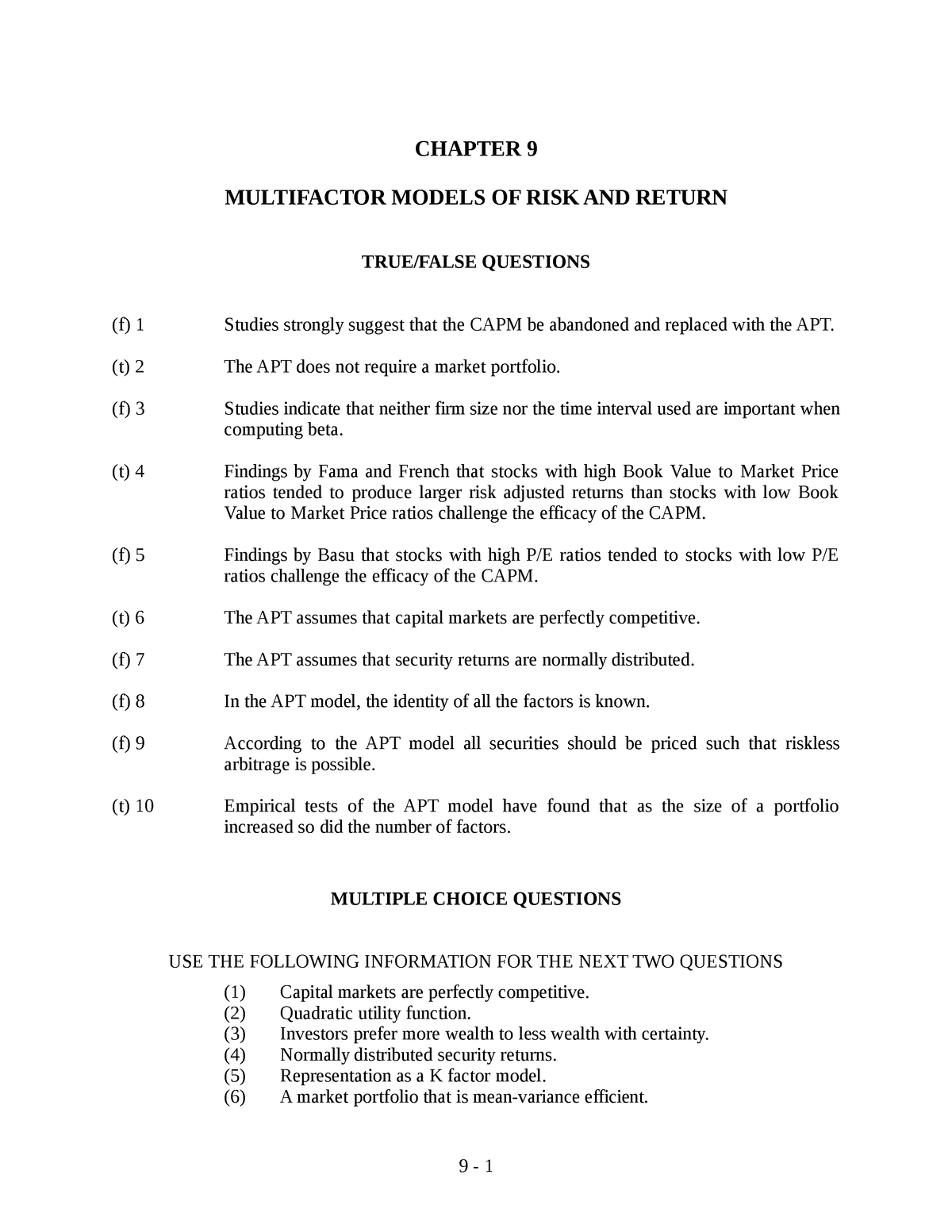 Ch9 - Risk Management - CHAPTER 9 MULTIFACTOR MODELS OF RISK AND RETURN ...