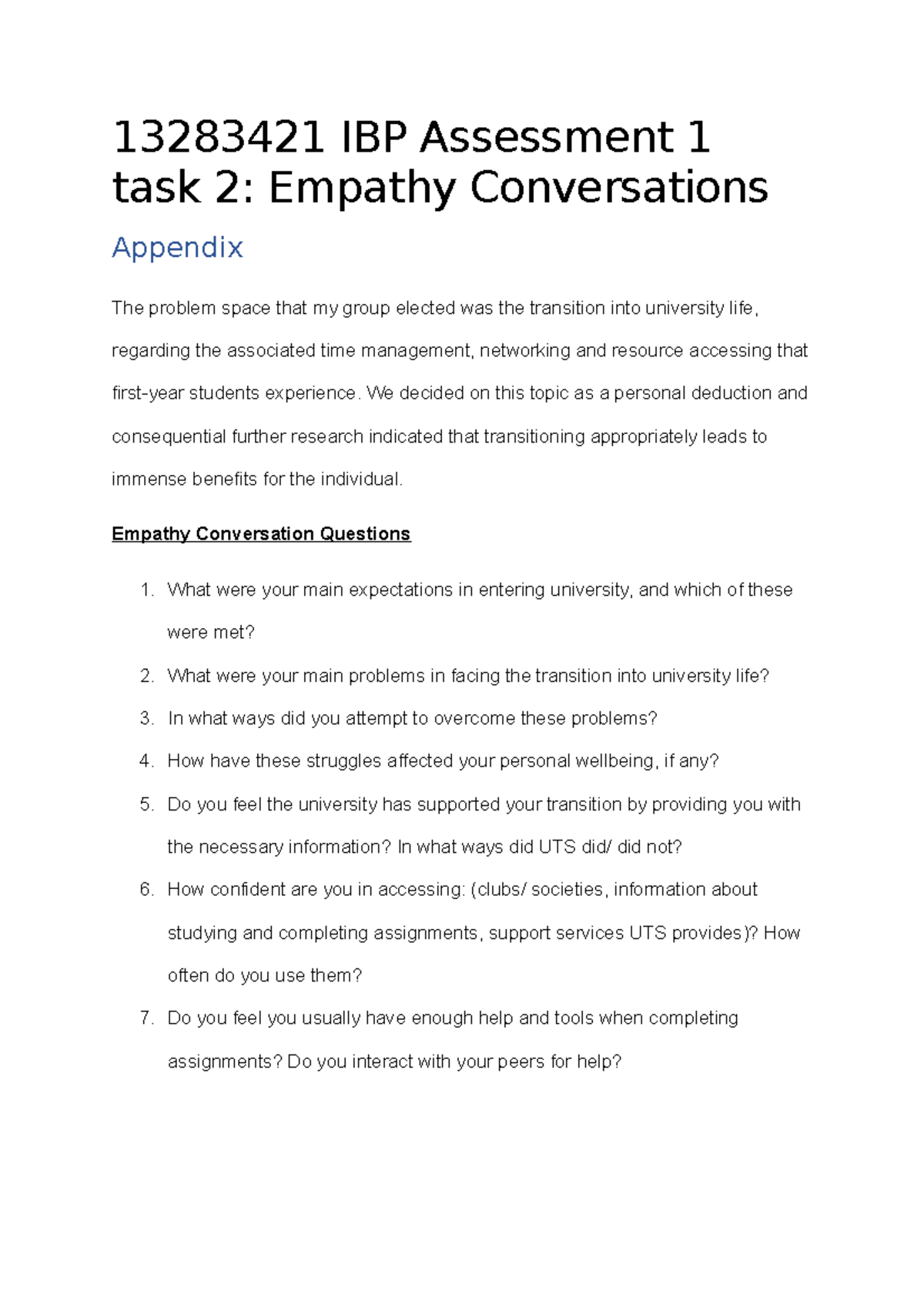 Task 2 Ibp Conversations 13283421 Ibp Assessment 1 Task 2 Empathy Conversations Appendix The 7751