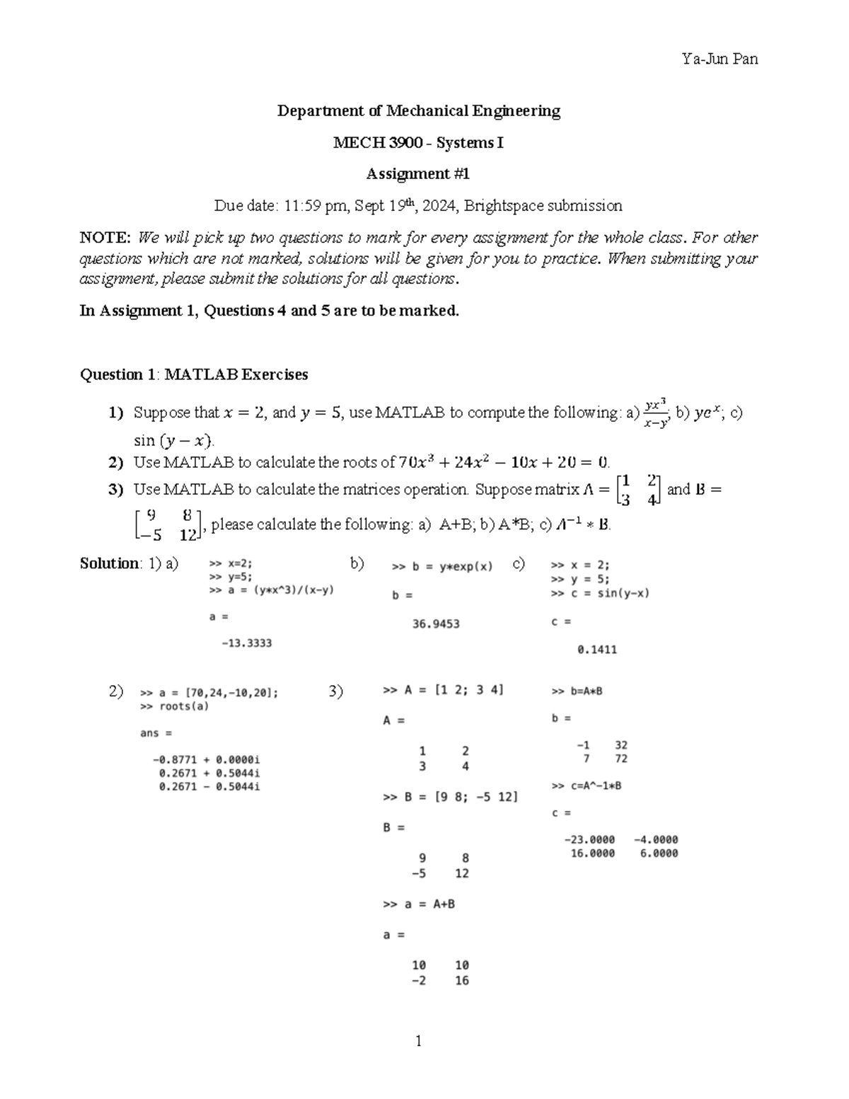 Assignment 1 Solutions - Department of Mechanical Engineering MECH 3900 ...