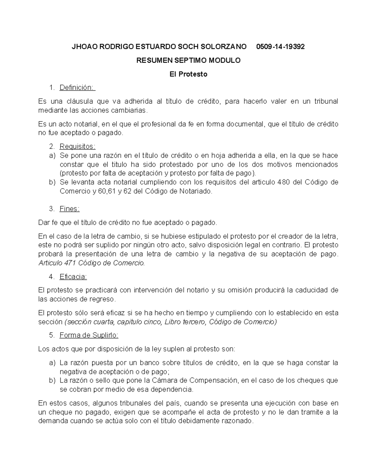 Resumen El Protesto en los titulos de credito - JHOAO RODRIGO ESTUARDO SOCH  SOLORZANO 0509-14-193 92 - Studocu