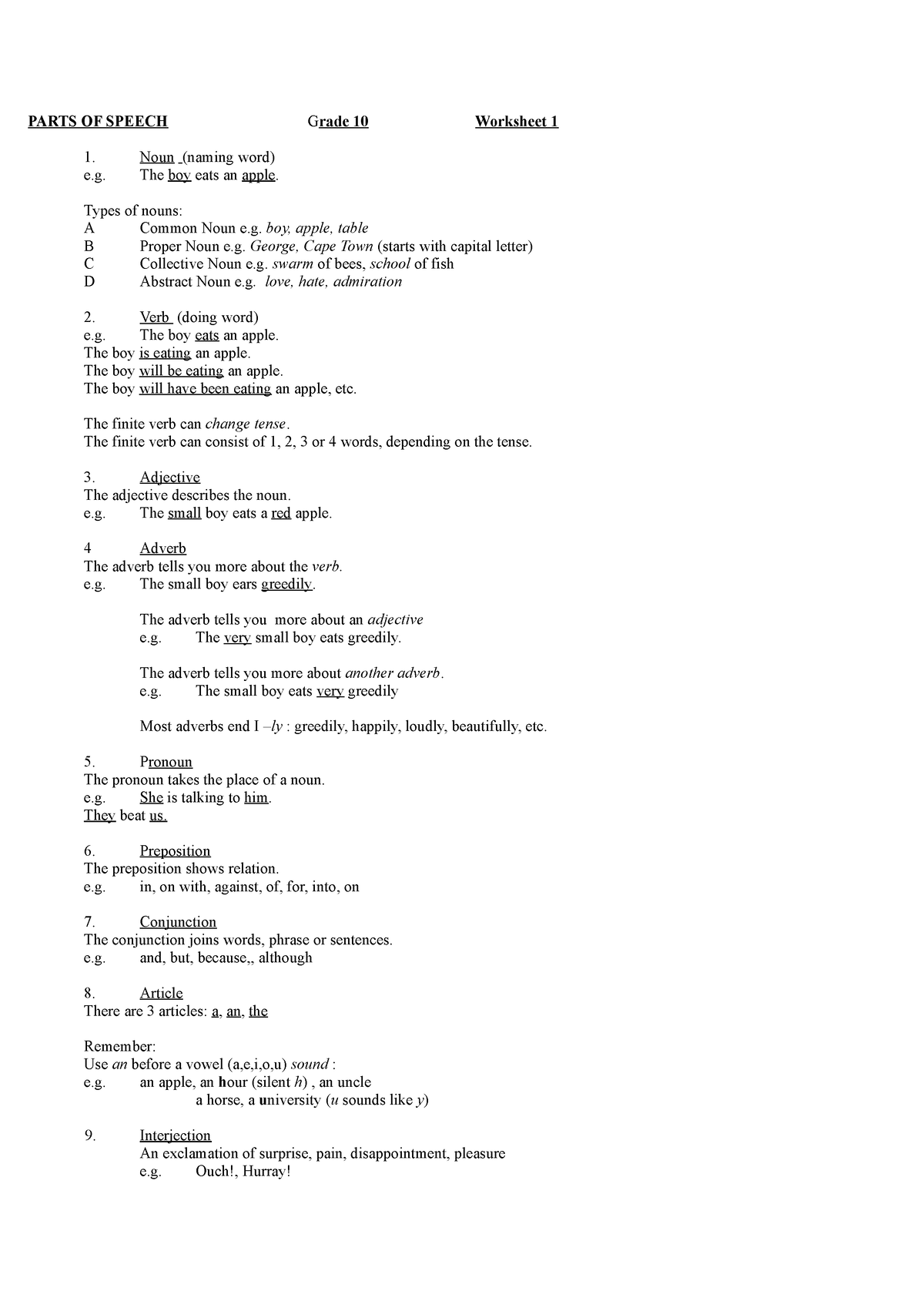 Parts Of Speech Grade 10 Quiz