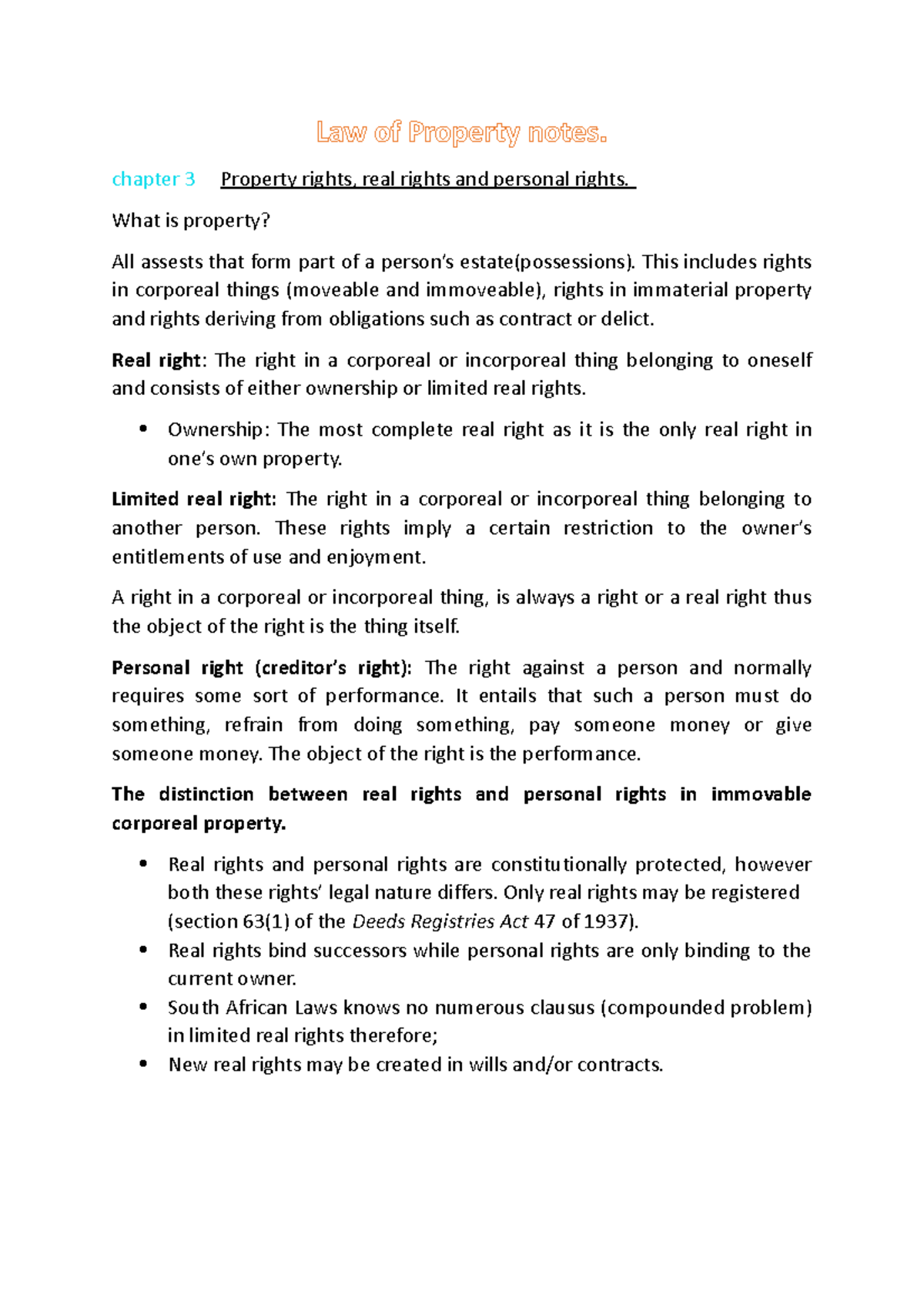 Law of Property notes chapter 3 Property rights, real rights and