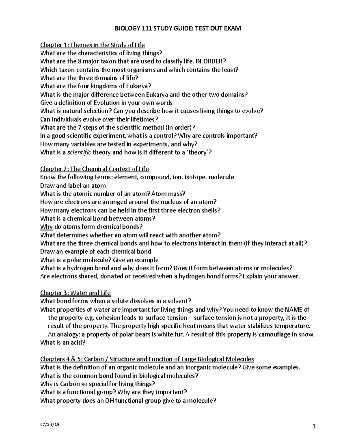 Bio111 - Help With Test Prep - BIOLOGY 111 STUDY GUIDE: TEST OUT EXAM ...