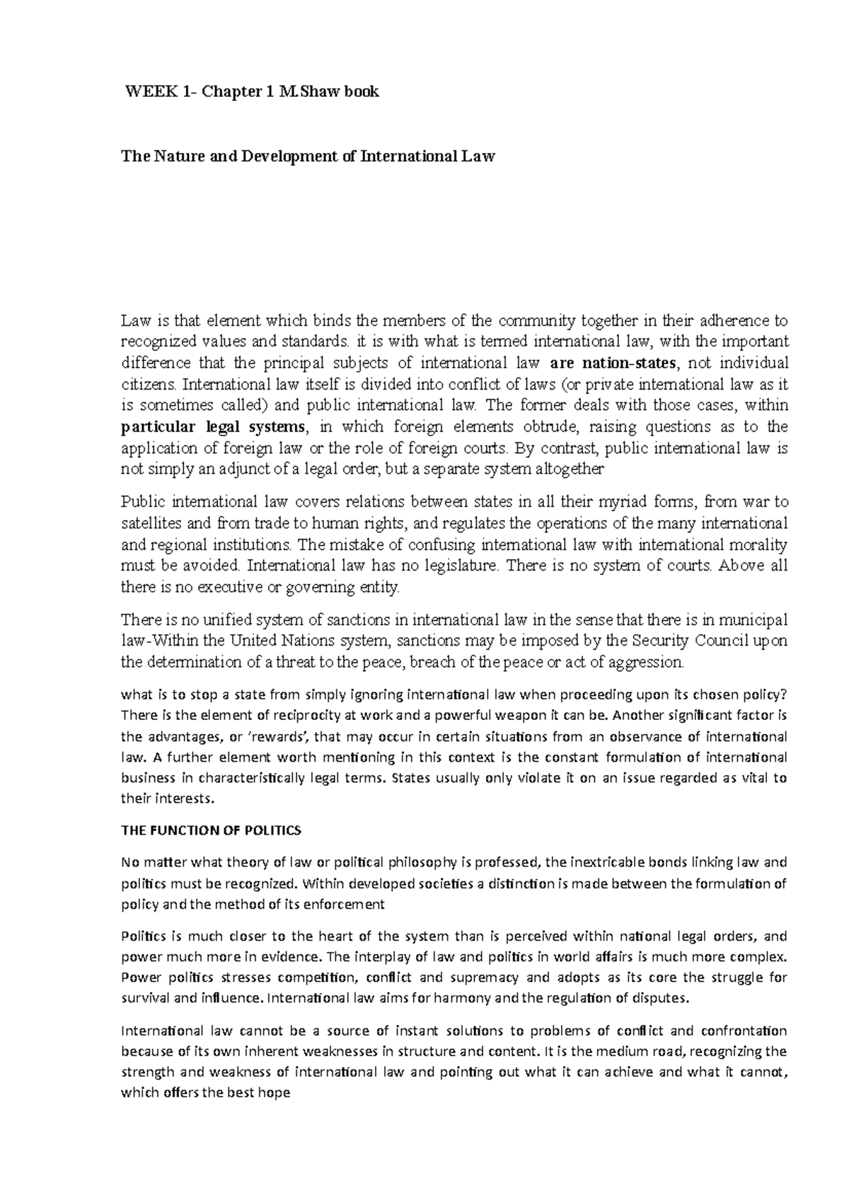 Public International Law - WEEK 1- Chapter 1 M book The Nature and ...