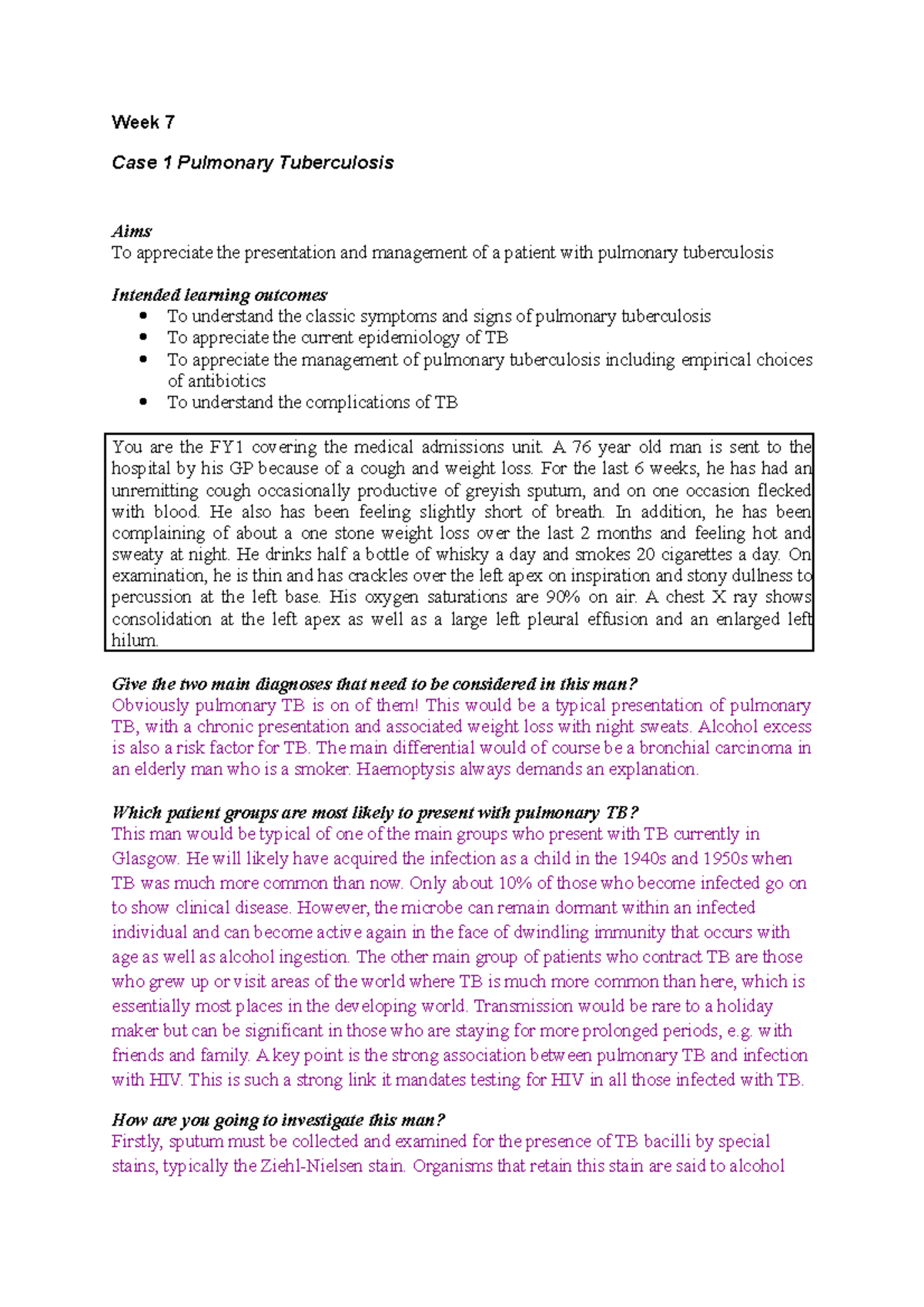 Wed CBL Case 1 Pulmonary TB notes - Week 7 Case 1 Pulmonary ...