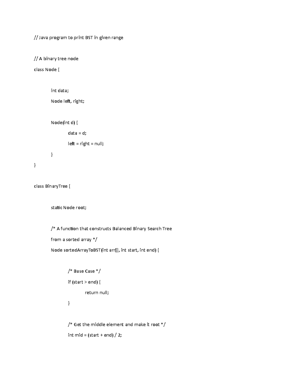 Java program to print BST in given range out(node + " "); preOrder