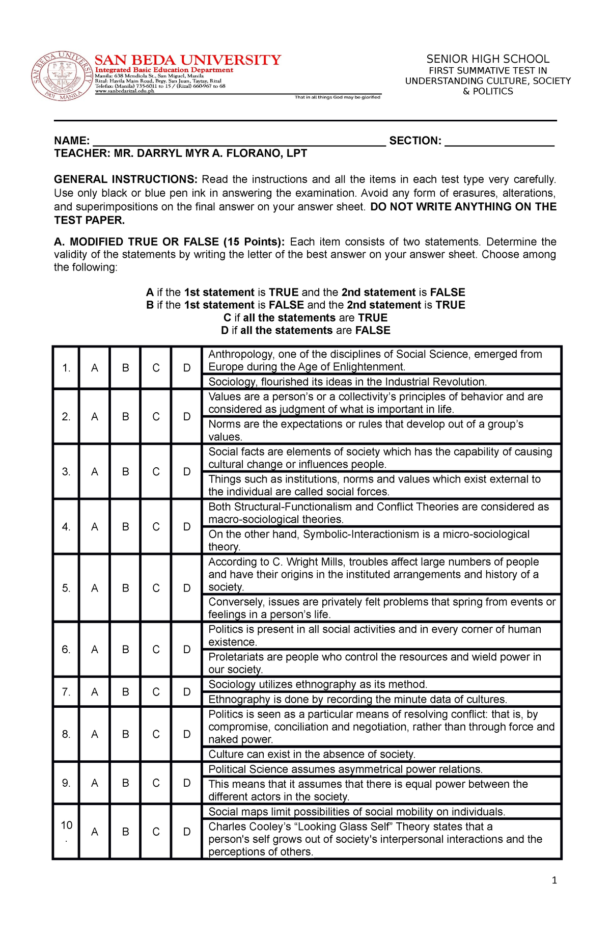 Updated Summative Test Ucsp Name Section 7716