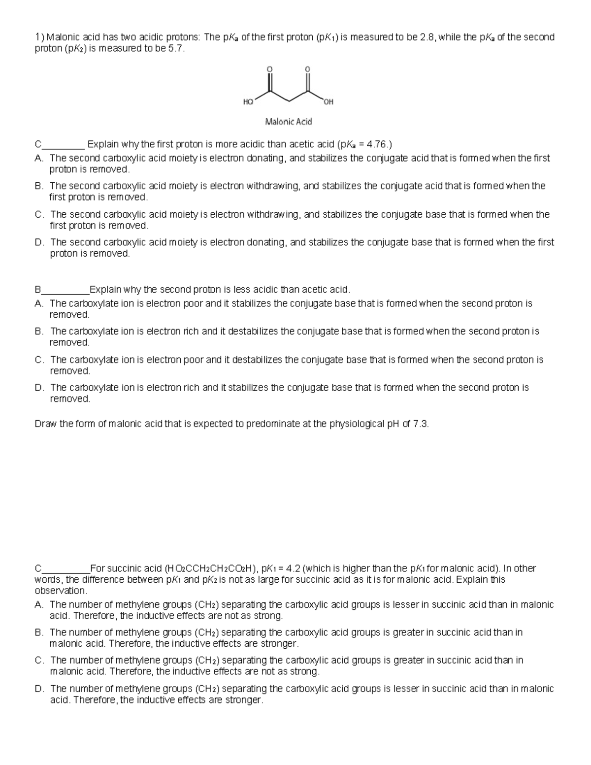 Modified 2019 Exam 4 Key - 1 ) Malonic acid has two acidic protons: The ...