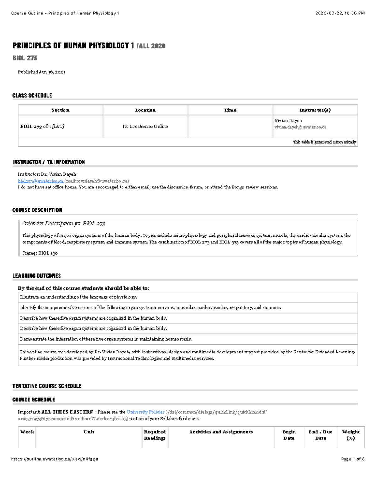 Biol 273- Course Outline - Principles of Human Physiology 1 ...