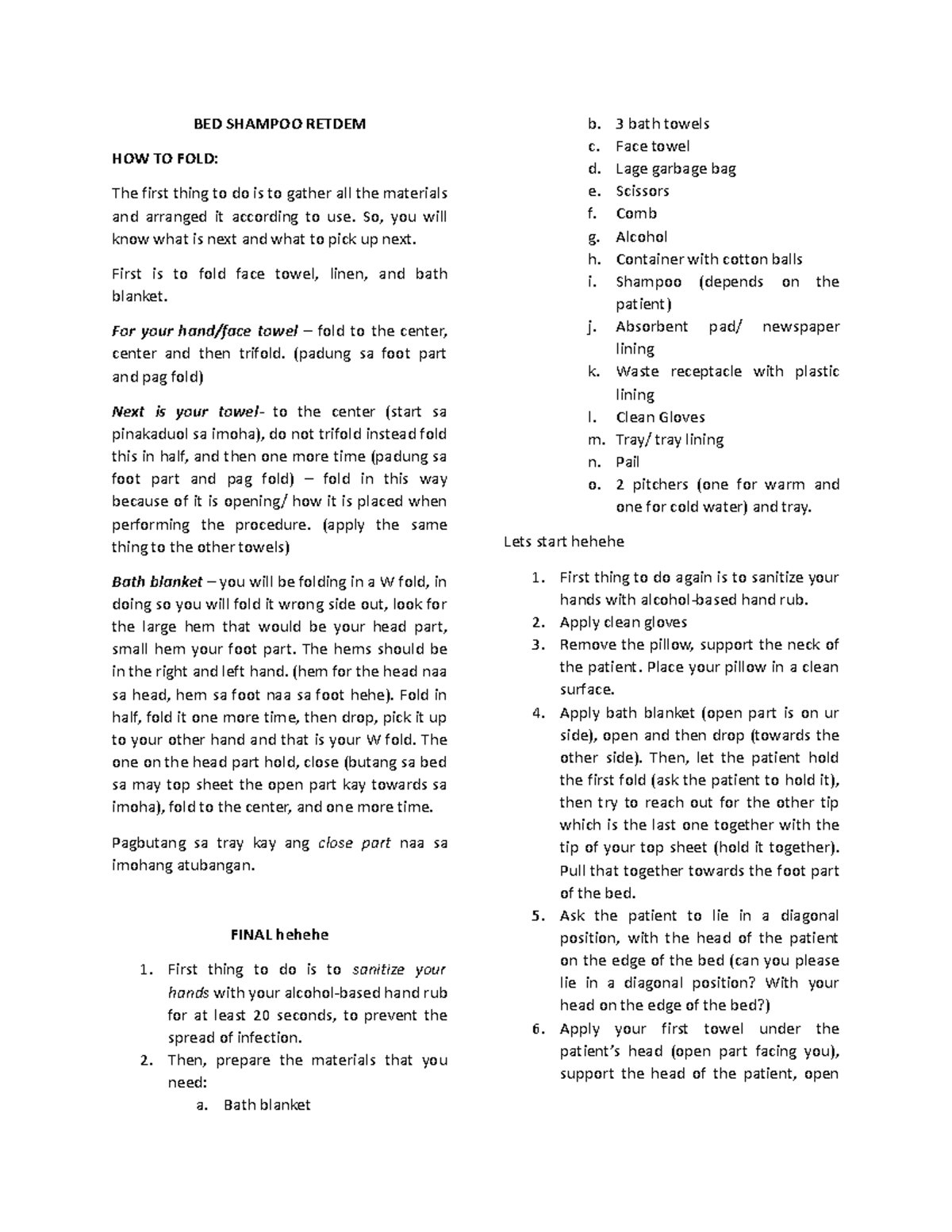 BED Shampoo Retdem procedures and steps for temperature checking