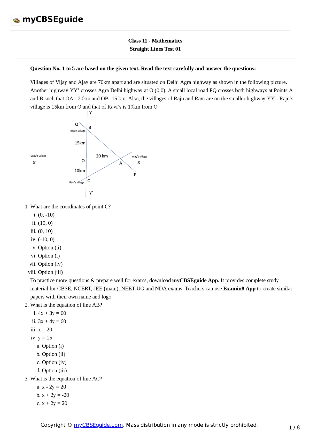 11 maths straightline tp01 - Class 11 - Mathematics Straight Lines Test ...