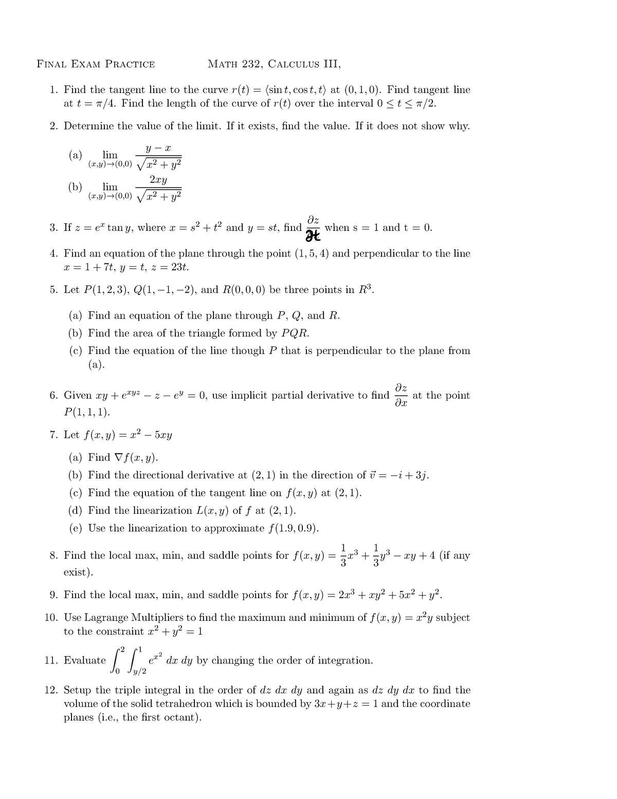 Final exam practice solution practice math 114 - Final Exam Practice ...