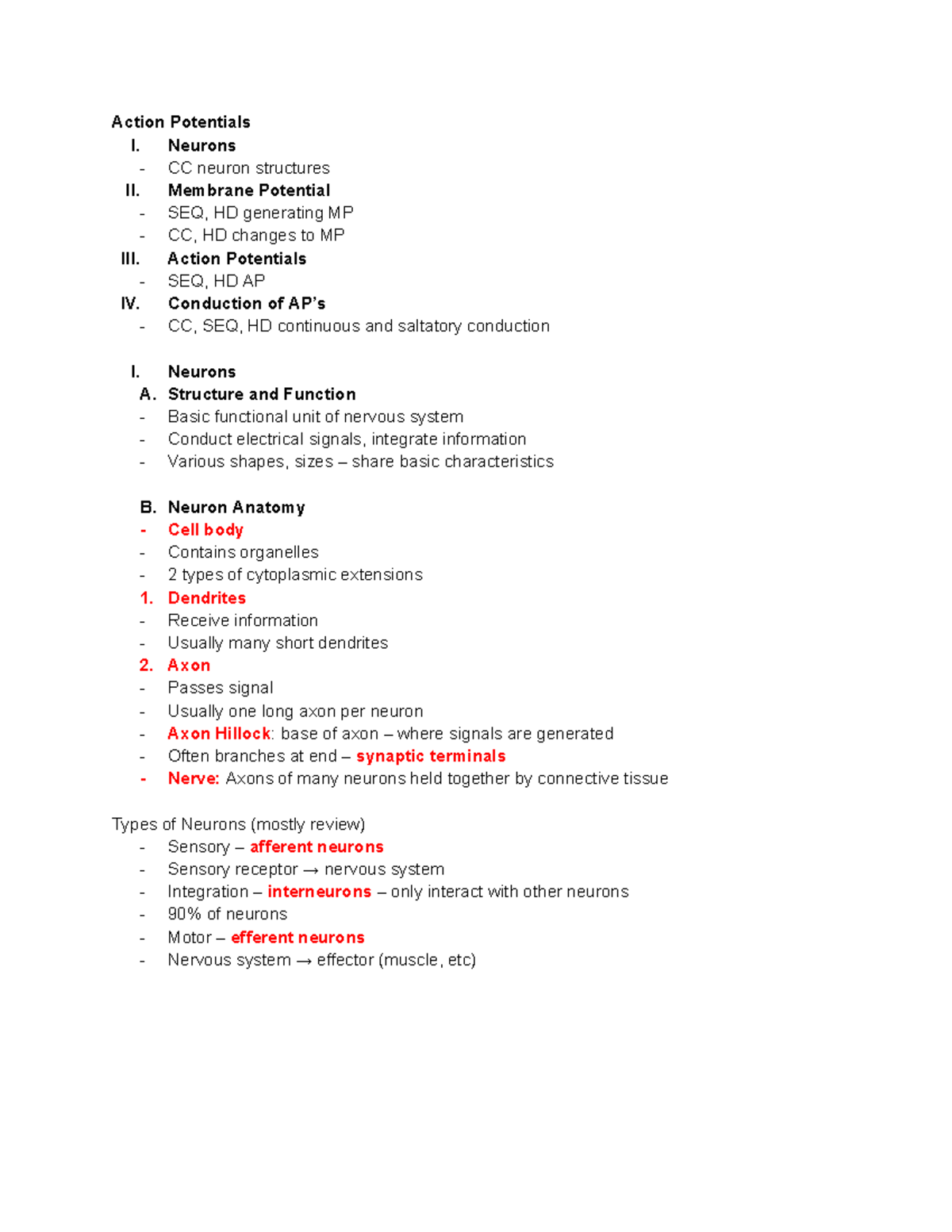 Bio 2 Action Potential - Action Potentials I. Neurons - CC neuron ...
