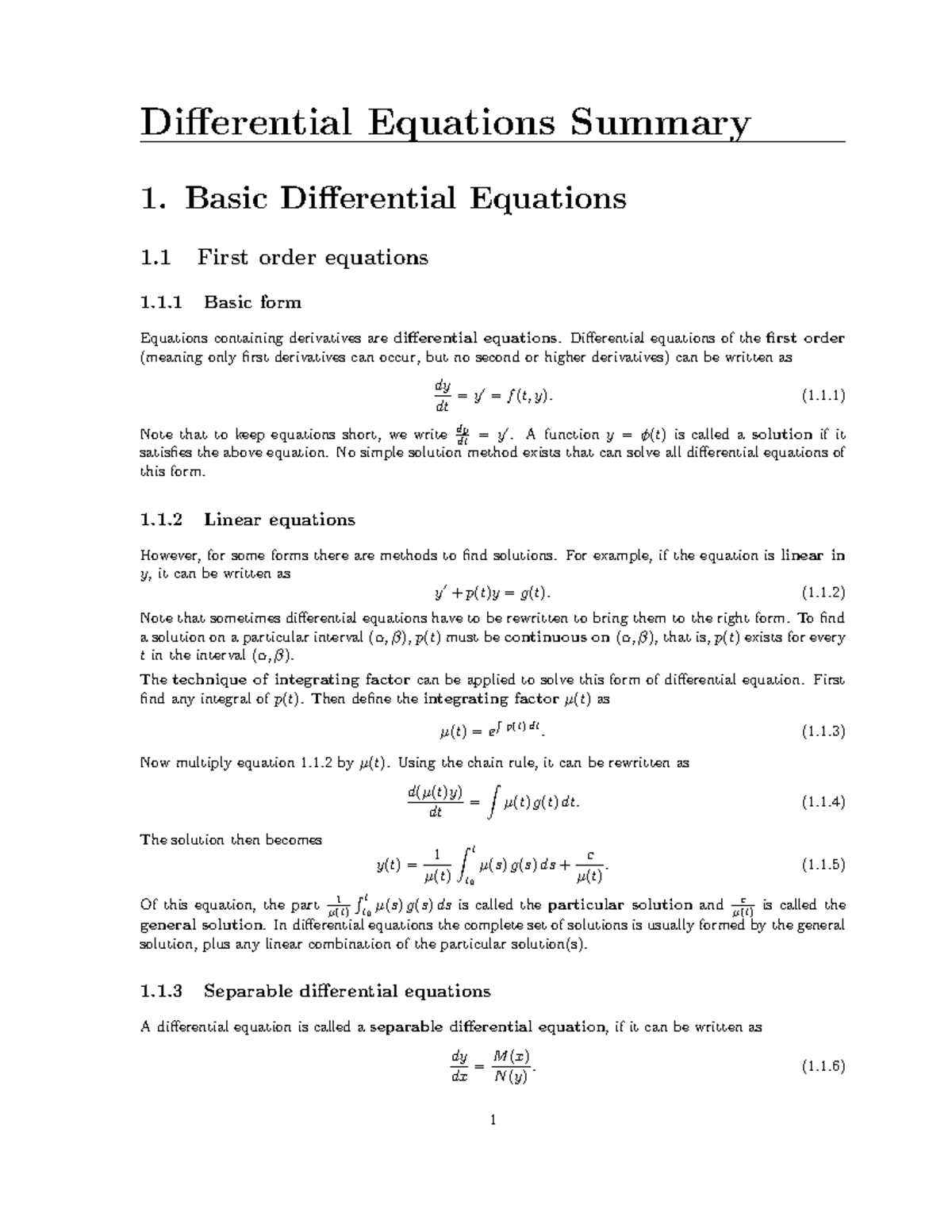 APM Differential Equations Summary Cheat Sheet Differential