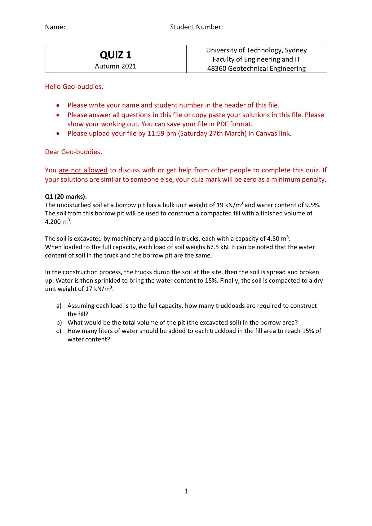 Quiz 1 - Geotechnical Engineering - QUIZ 1 Autumn 2021 University of ...