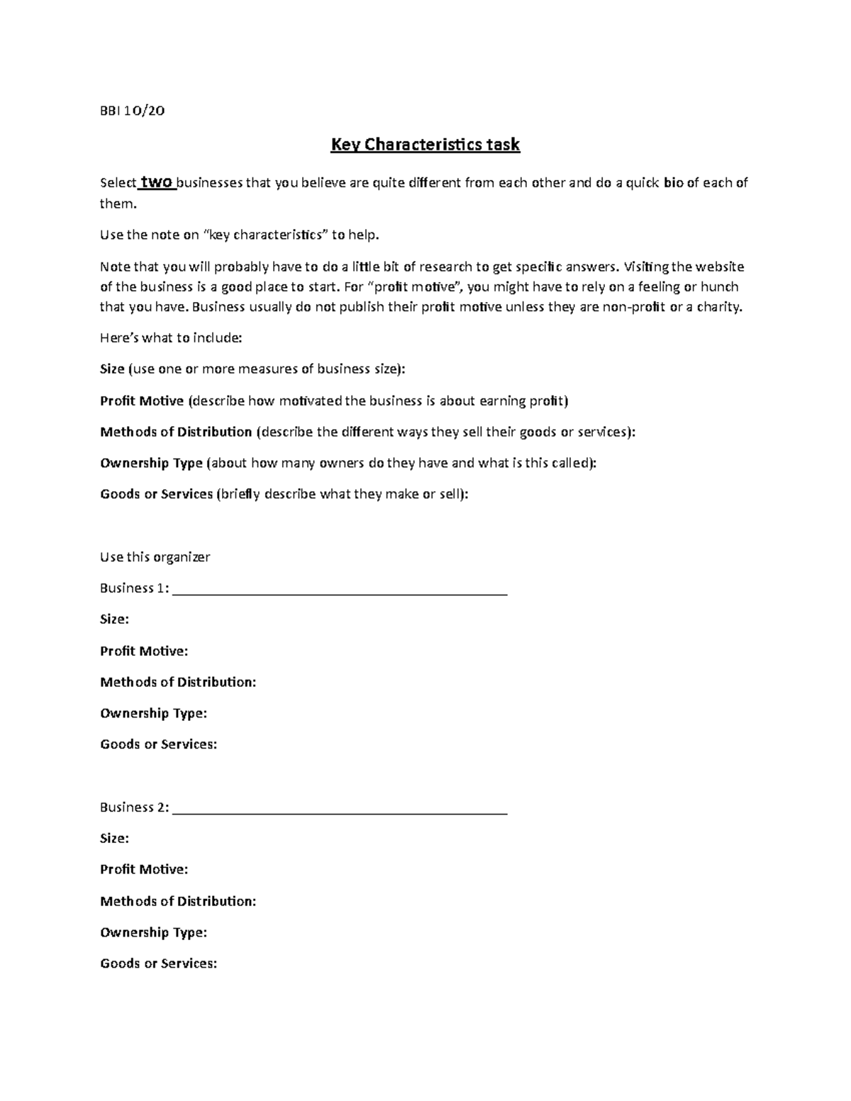 Key Characteristics Task EL - BBI 1O/2O Key Characteristics Task Select ...