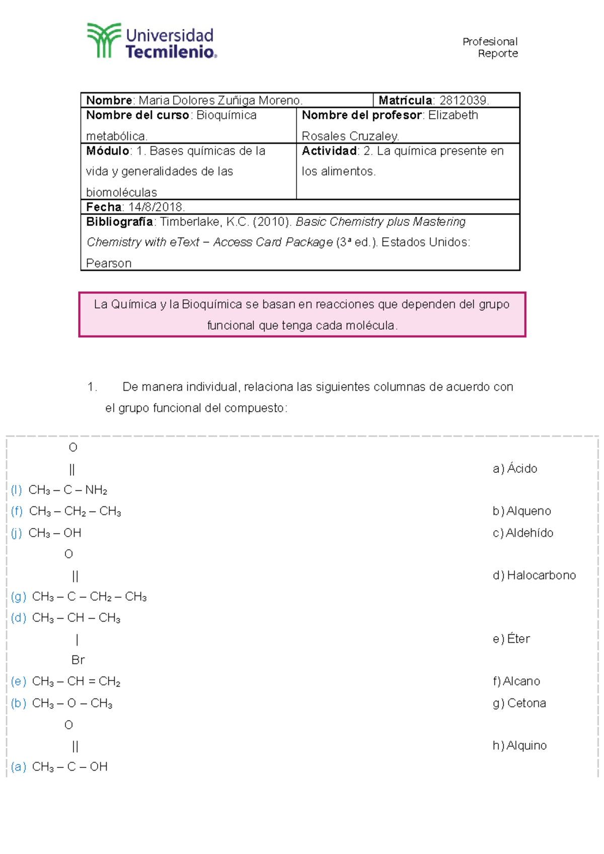 Actividad Bioquimica Metabolica Universidad Tecmilenio Primer Semestre Profesional Reporte