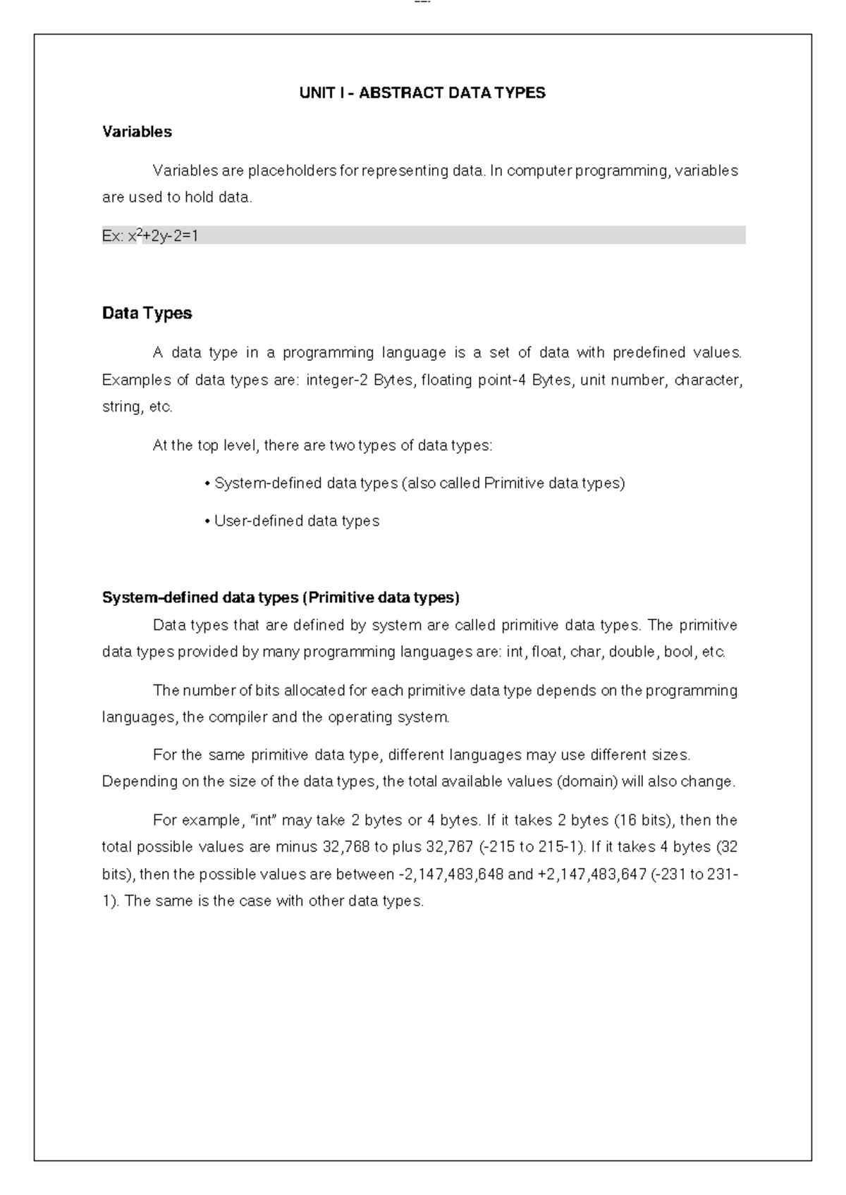 Unit I - UNIT I - ABSTRACT DATA TYPES Variables Variables are ...