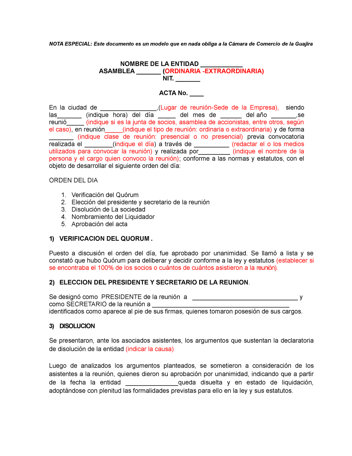 Acta Disolucion Nombramiento Liquidador Nota Especial Este Documento