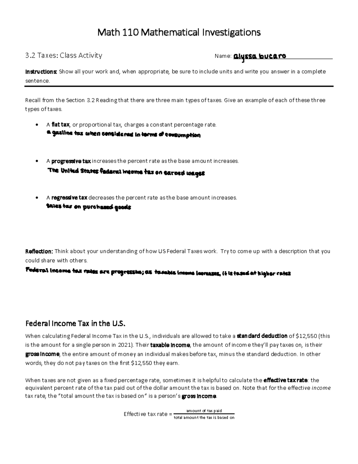 Notes 3.2 Taxes - Math 110 Mathematical Investigations 3 Taxes: Class ...