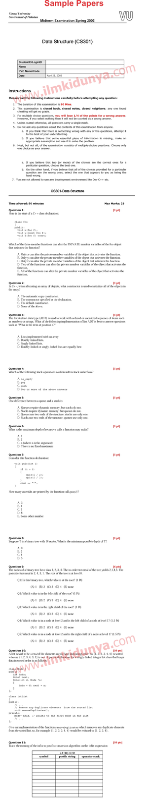 CS301 Data Structures BS Computer Science VU University Past Papers ...
