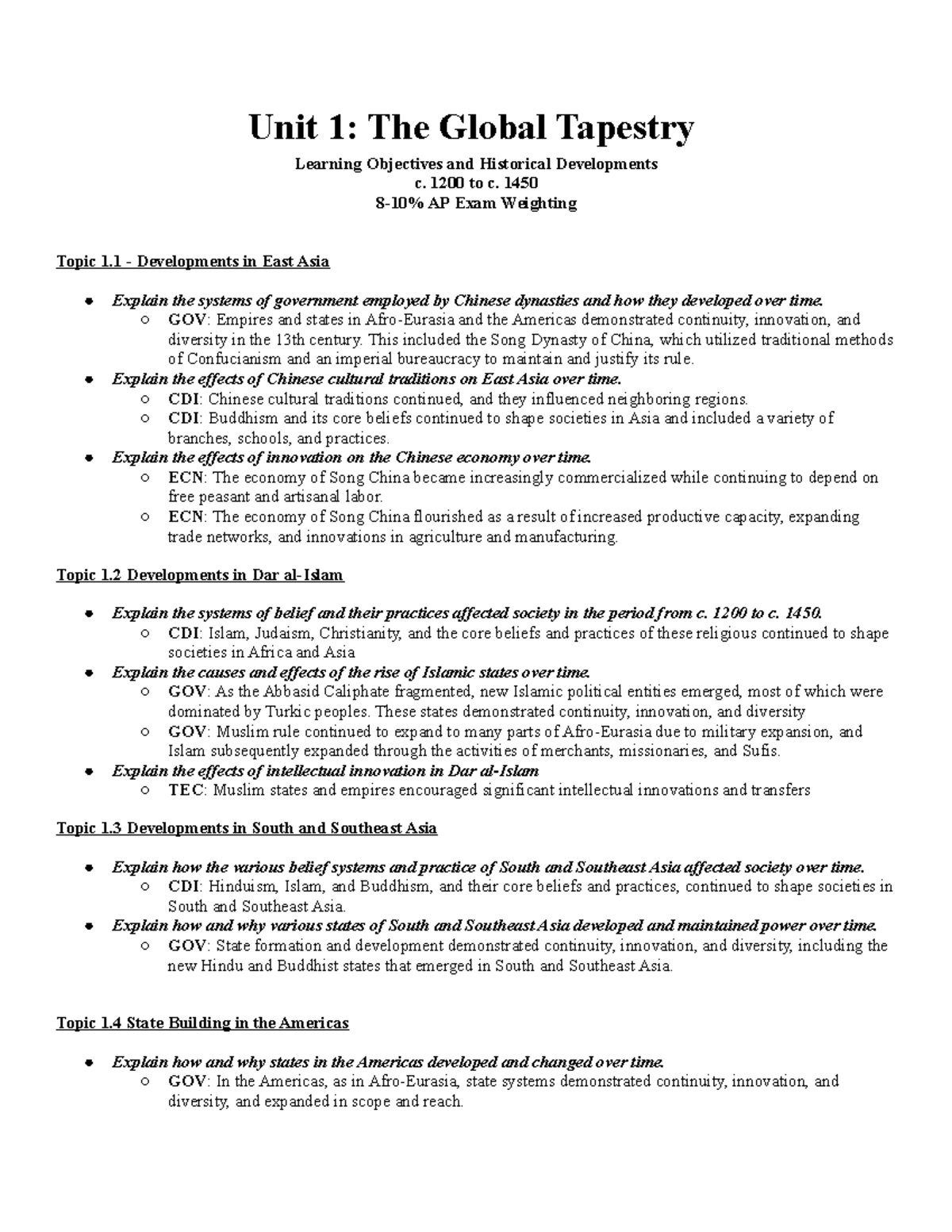 Overview Key Concepts Unit I 2019 Unit 1 The Global Tapestry