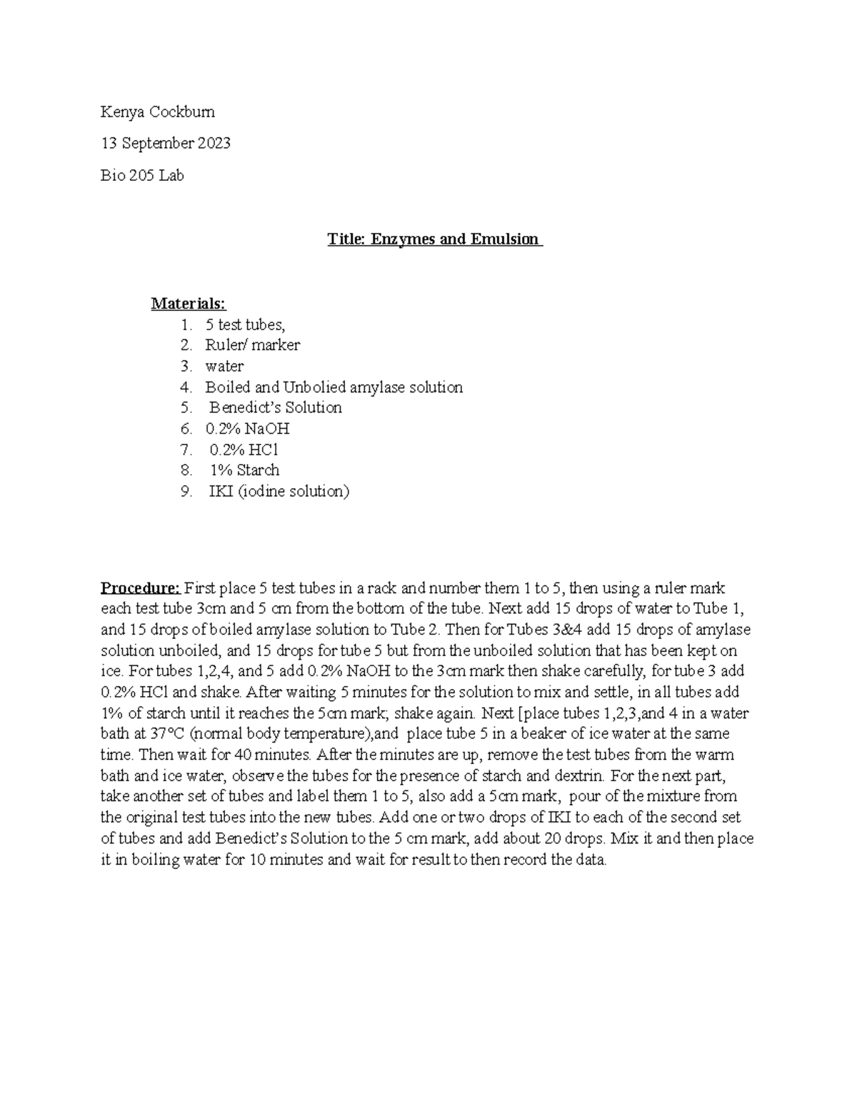 Bio 205 Lab Report 2 Kenya Cockburn 13 September 2023 Bio 205 Lab