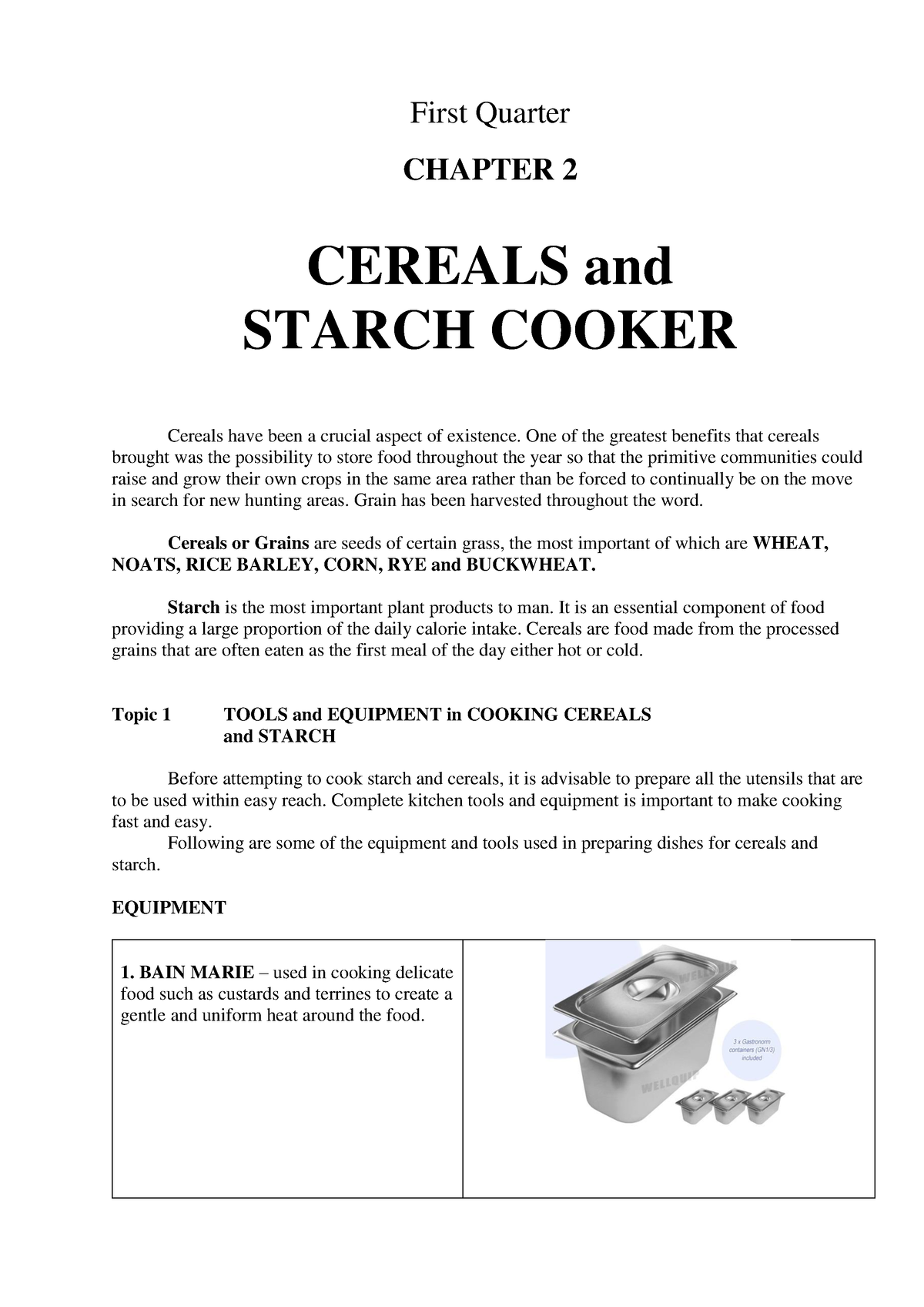 Cereals For Basic Foods 2 - First Quarter CHAPTER 2 CEREALS And STARCH ...