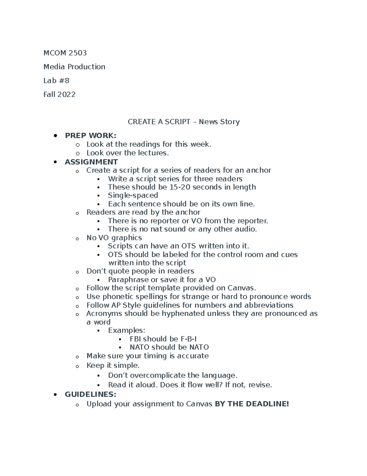 MCOM 2503-LAB 8- Script-News Story-FA 22 - MCOM 2503 Media Production ...
