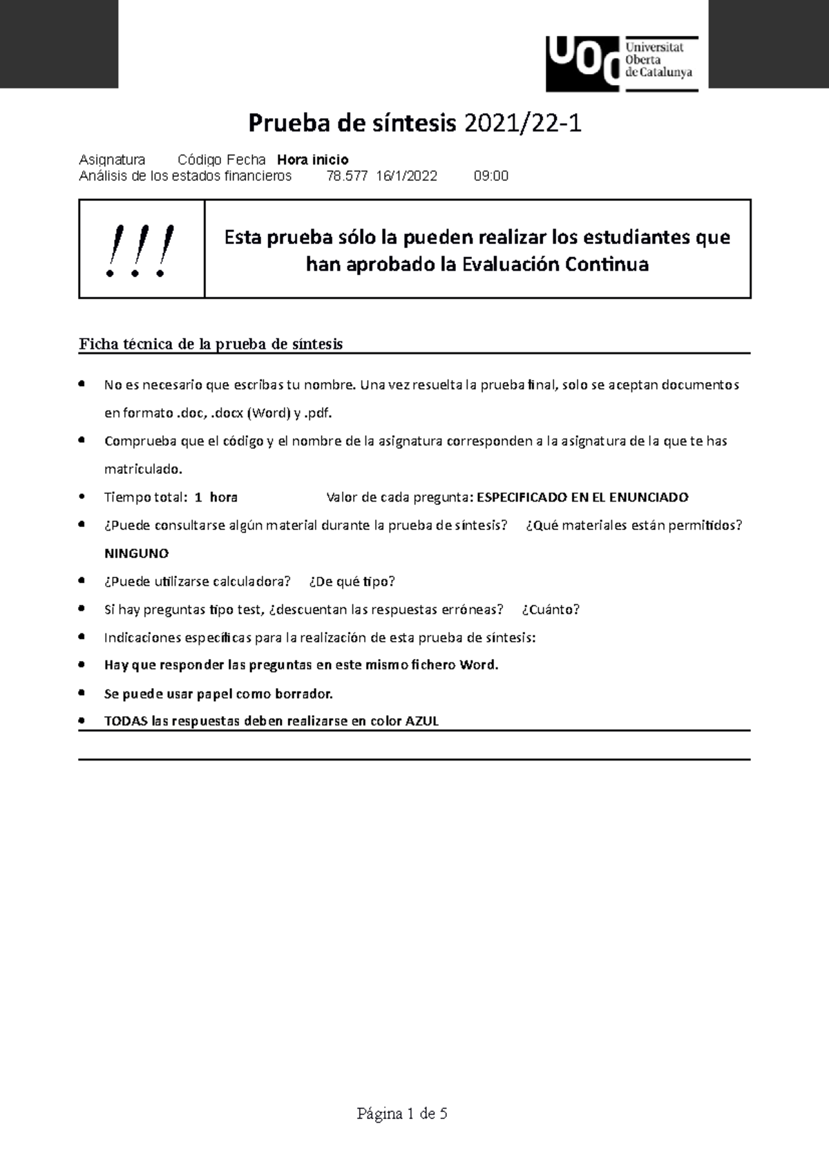 Examen Final Análisis Financiero - Asignatura CódigoFecha Hora Inicio ...