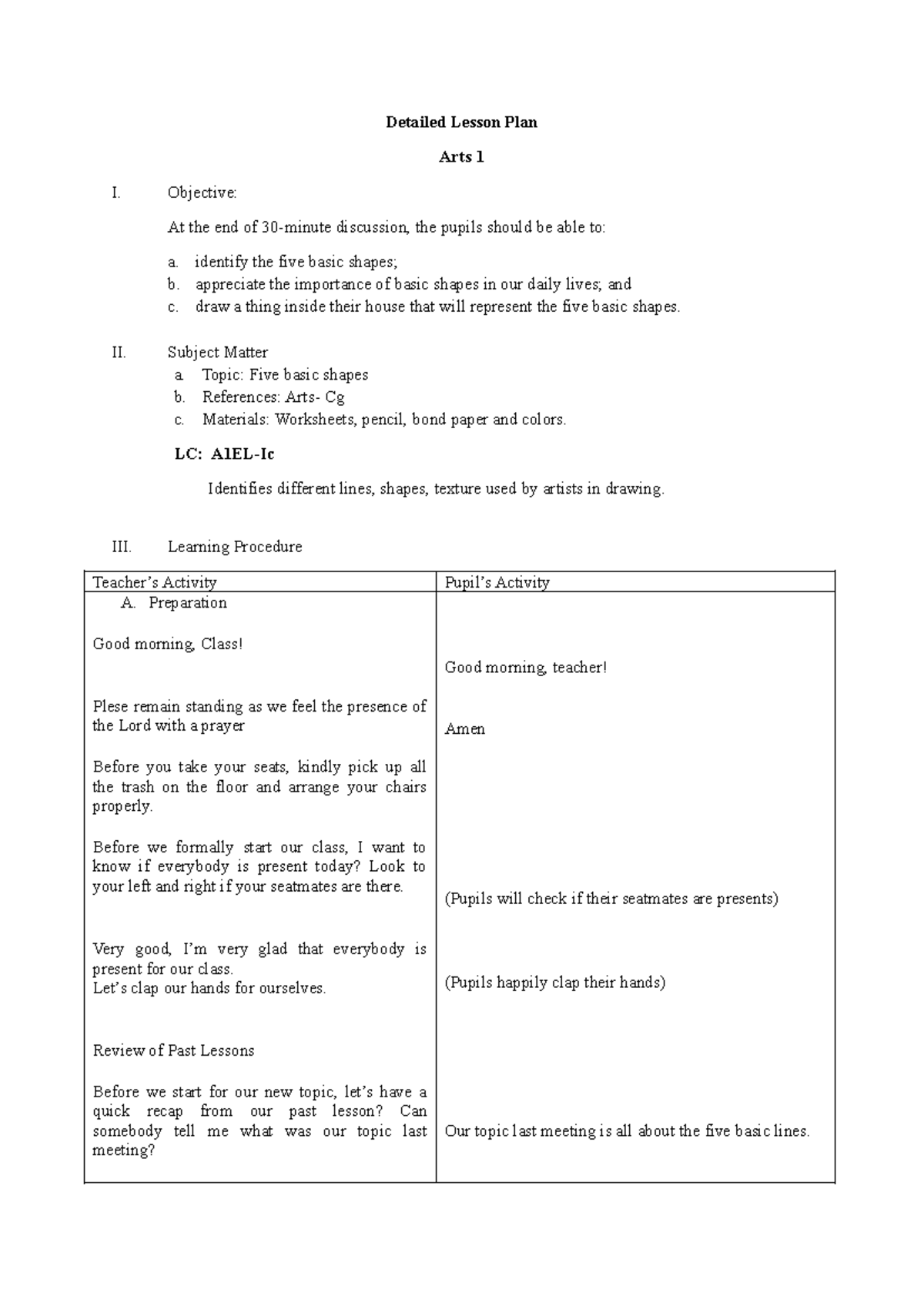 Group 7 final DLP - assignment - Detailed Lesson Plan Arts 1 I ...