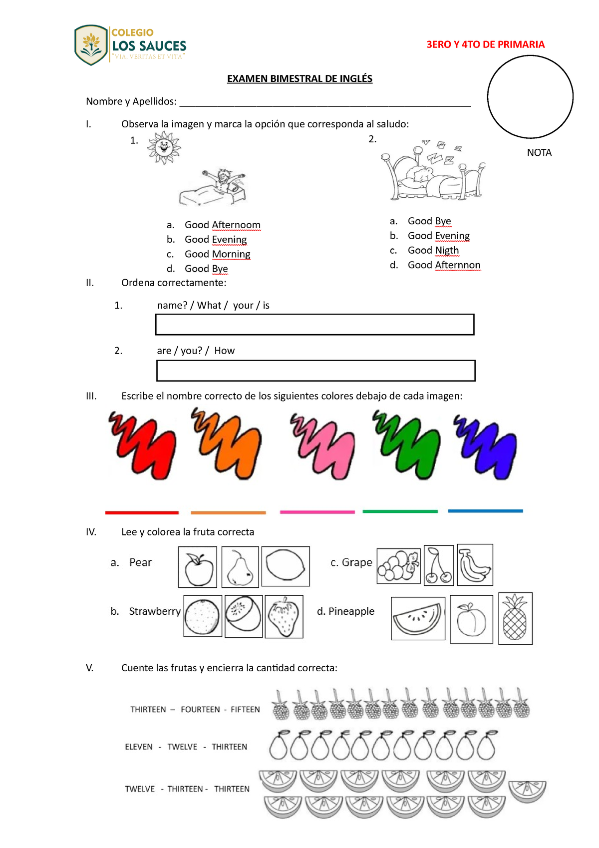 Examen Bimestral DE Inglés - EXAMEN BIMESTRAL DE INGLÉS Nombre Y ...