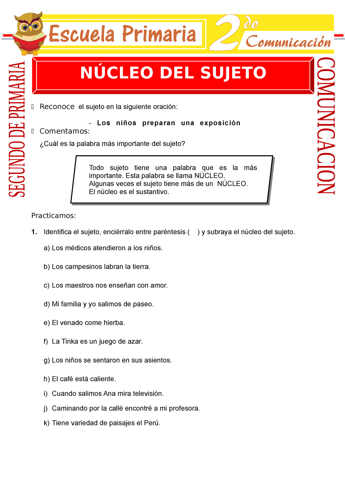 El Nucleo Del Sujeto Para Segundo De Primaria Escuelaprimaria Segundo